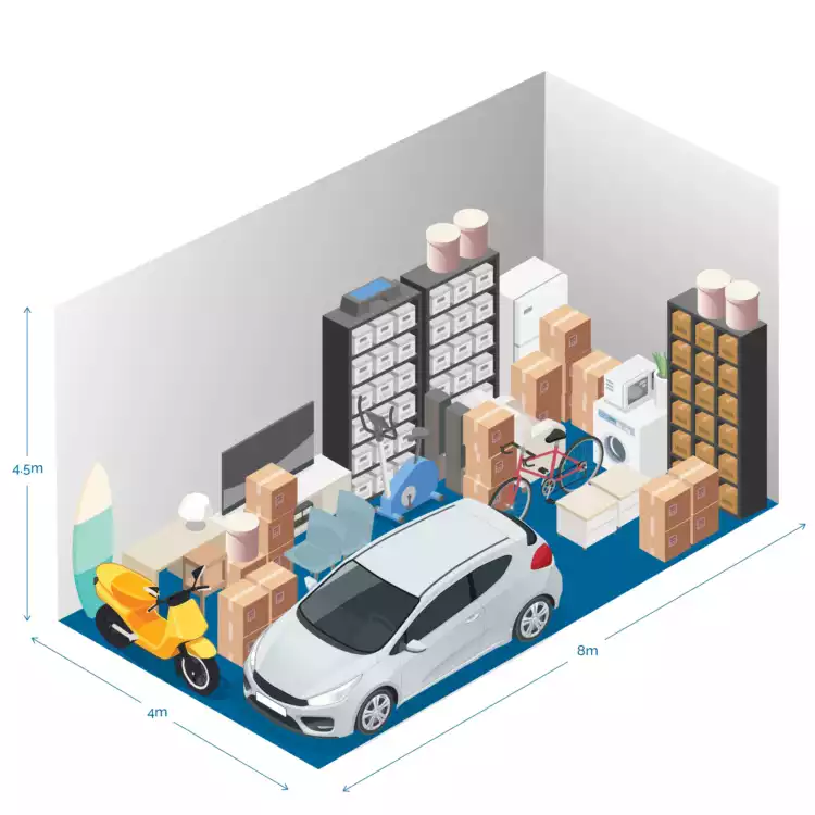 Illustration of a large storage unit filled with goods